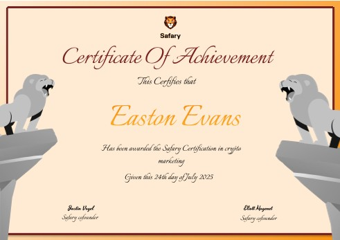 Safary certificate awarded to Easton Evans for Crypto marketing, July 24, 2025.
